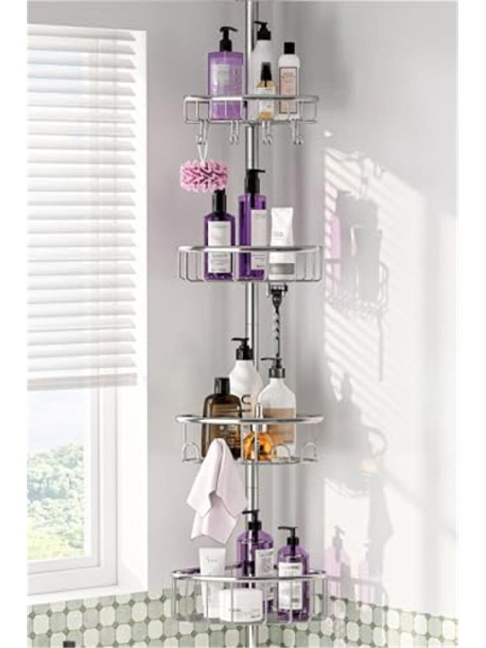 4 Tier Corner Shower Caddy Tension Pole Stainless Steel Bathroom Shelf Silver